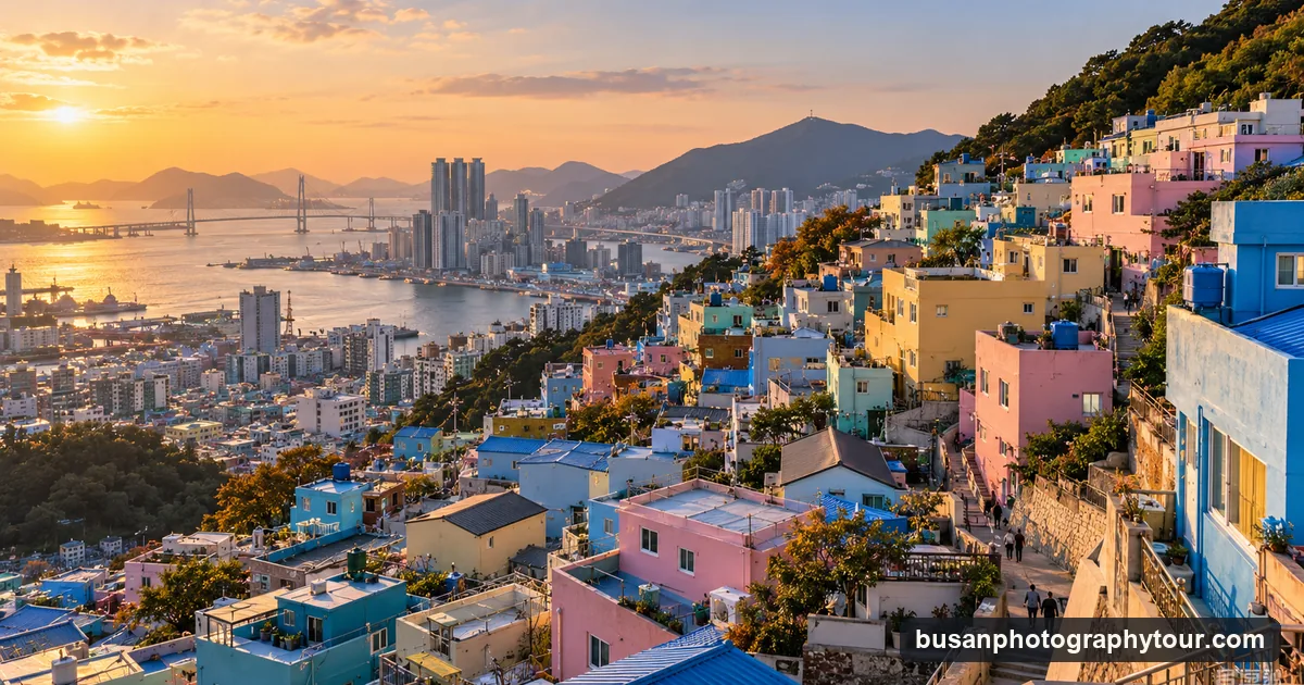 Pastel-painted houses stacked on a steep hillside above a harbour city in Busan, seen from a rooftop