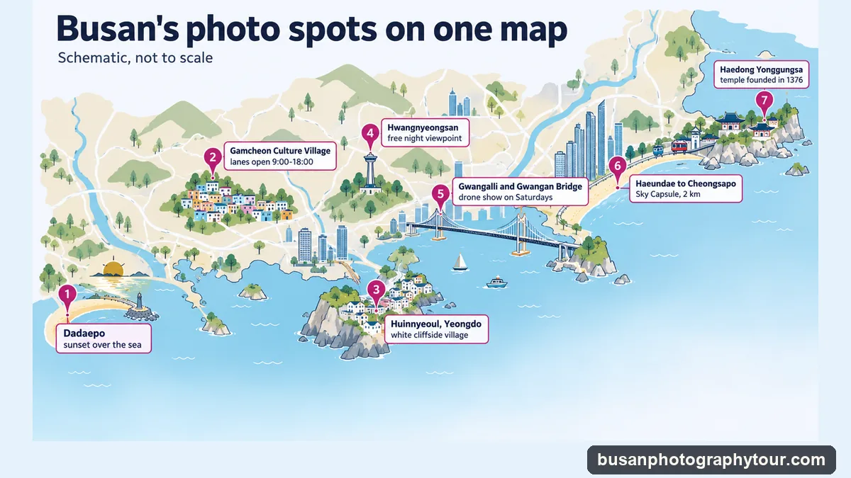 Schematic map of Busan photo spots: Dadaepo for sea sunsets, Gamcheon Culture Village, Huinnyeoul on Yeongdo, the Hwangnyeongsan night viewpoint, Gwangalli and Gwangan Bridge, the Sky Capsule from Haeundae to Cheongsapo, and Haedong Yonggungsa temple