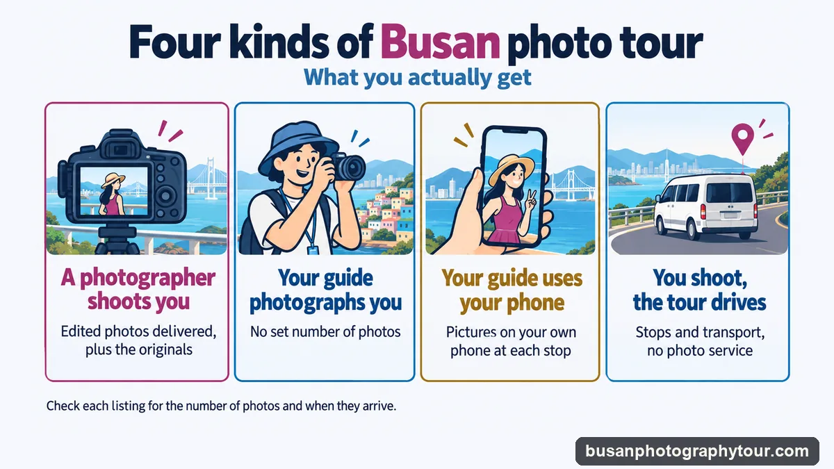 Infographic of four kinds of Busan photo tour: a photographer who shoots you and delivers edited photos, a guide who photographs you, a guide who uses your phone, and a tour that drives you to the stops while you shoot