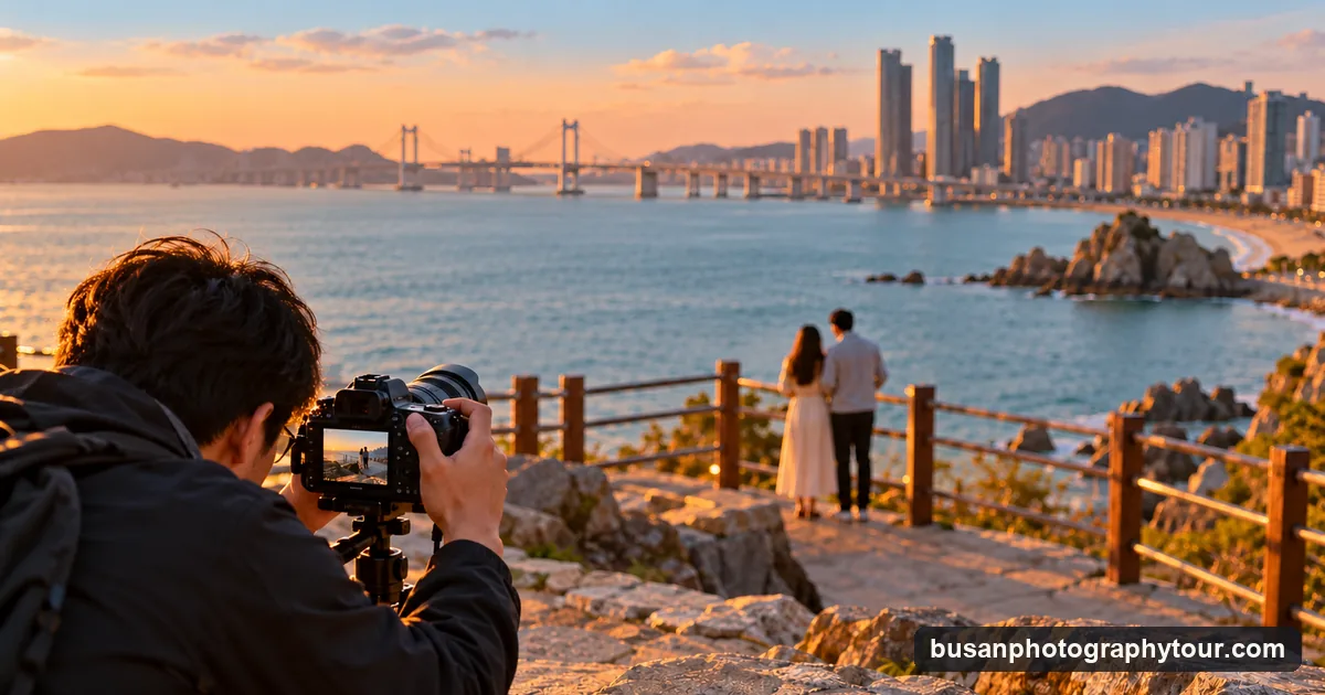 A photographer framing a couple at a seaside railing in Busan at golden hour, the camera in focus