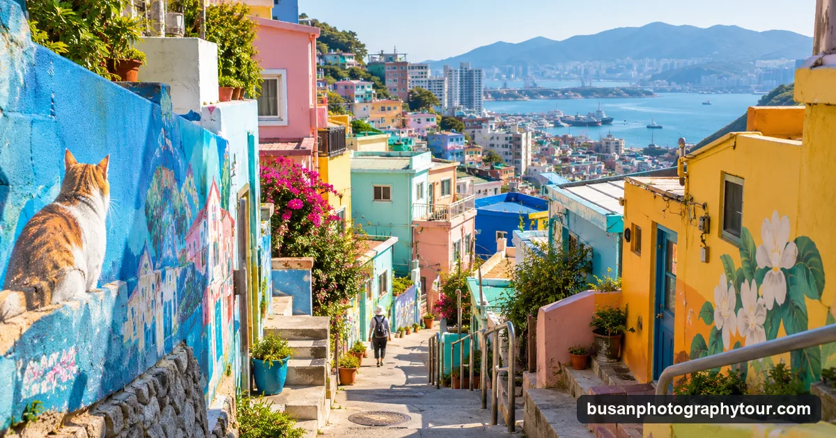 Narrow stairways and alleys between colourfully painted houses on a steep hillside in Busan