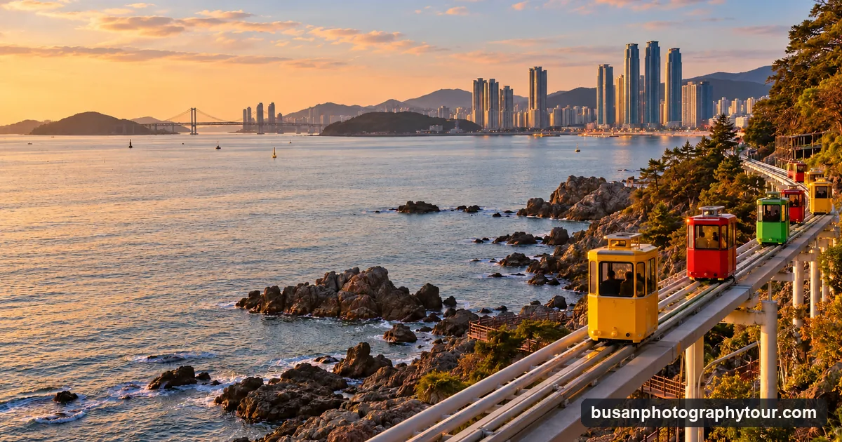 Small coloured capsules running on an elevated rail along a rocky coastline at sunset in Busan